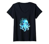 Mujer Lindo Pulpo Dibujos Animados Verde Azulado Azul Mar Bajo Camiseta Cuello V