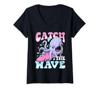 Mujer Lindo Pulpo Surfing Catch the Wave Playa Verano Camiseta Cuello V