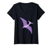 Mujer Lindo Púrpura Volando Pterodáctilo Dino Dibujos Animados Arte Prehistórico Camiseta Cuello V