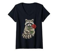 Mujer Lindo Raccoon Sosteniendo Una Rosa Roja Dulce Mapache Amantes Camiseta Cuello V