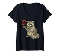 Mujer Lindo Raccoon Sosteniendo Una Rosa Roja Dulce Mapache Amantes Camiseta Cuello V