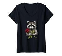Mujer Lindo Raccoon Sosteniendo Una Rosa Roja Dulce Mapache Amantes Camiseta Cuello V