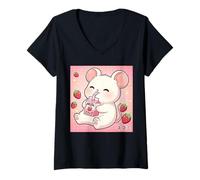 Mujer Lindo ratón Fresa Leche Retro japonés Arte Kawaii Camiseta Cuello V