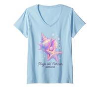 Mujer Lindo recuerdo de caracola de estrella de concha de Playa del Carmen Camiseta Cuello V