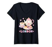 Mujer Lindo Recuerdo de Viaje de Londres Tea Reino Unido Inglaterra Camiseta Cuello V