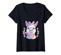 Mujer Lindo Retrato de Llama Amante de los Animales gráfico Rosa Gafas Florales Camiseta Cuello V