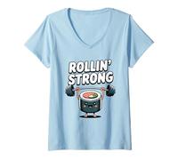 Mujer Lindo Rollo de Sushi de Comida Trabajando con Mancuernas Gimnasio Divertido Camiseta Cuello V