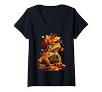Mujer Lindo Sapo con Hojas de otoño Bosque Animal Otoño Estética Camiseta Cuello V