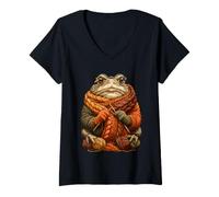 Mujer Lindo Sapo Tejido Acogedor otoño Animal Arte otoño estética Camiseta Cuello V
