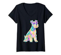Mujer Lindo Schnauzer con Gafas de Sol de corazón Coastal Summer Vibes Camiseta Cuello V