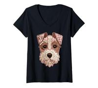 Mujer Lindo Schnauzer Patchwork Floral Perro Boho Folk Art Gráfico Camiseta Cuello V