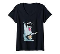 Mujer Lindo Sello Rockstar Tocando la Guitarra Divertido diseño Animal Camiseta Cuello V