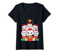 Mujer Lindo Sombrero de árbol de Navidad Maneki Neko Pile Cat Lucky Christmas Tree Camiseta Cuello V