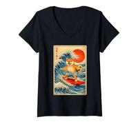 Mujer Lindo Surfing Shiba Inu Perro Gran Ola Kanagawa Ukiyo-E Arte Camiseta Cuello V