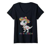 Mujer Lindo T-Rex con Sombrero de Calavera de azúcar Dia de Muertos Calavera Camiseta Cuello V