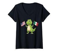 Mujer Lindo T-Rex sosteniendo la Bandera de Estados Unidos y México Cultura Mixta niños Camiseta Cuello V