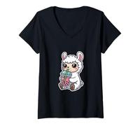 Mujer Lindo té Boba de fresa y alpaca de llama Kawaii Camiseta Cuello V
