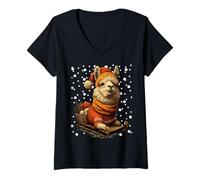 Mujer Lindo Trineo de Llama de Navidad en Nieve Divertido Animal de Invierno Camiseta Cuello V