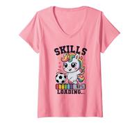 Mujer Lindo Unicornio de fútbol 67 Habilidades Cargando Cabello Mamá Ganador Camiseta Cuello V