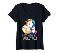 Mujer Lindo Unicornio De Voleibol I Just Wanna Play Volleyball Camiseta Cuello V