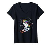 Mujer Lindo Unicornio Esquiador Camiseta Cuello V