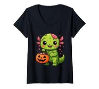 Mujer Lindo Zombi Axolotl Halloween Squad Kawaii Undead Salamander Camiseta Cuello V