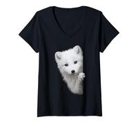 Mujer Lindo Zorro Blanco Mirando Ojos Verdes Nieve Fox Camiseta Cuello V