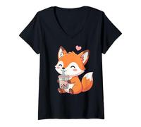 Mujer Lindo Zorro Bubble Tea Kawaii Anime Zorros Amantes Chicas Camiseta Cuello V