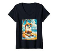 Mujer Lindo Zorro con Gafas de Sol Coco Animal Tropical Verano Camiseta Cuello V
