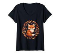 Mujer Lindo Zorro de otoño rodeado de Hojas de otoño Camiseta Cuello V
