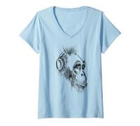 Mujer Lindos Auriculares chimpancé Amante de la música lápiz Dibujo Arte Camiseta Cuello V