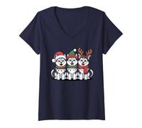 Mujer Lindos Cachorros de Navidad Huskies siberianos de Navidad Camiseta Cuello V