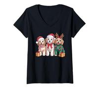 Mujer Lindos Cachorros navideños de Invierno para Perros Camiseta Cuello V