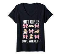Mujer Lindos Cachorros Salchicha diseño de Lazos Rosados Doxie Dog Lover Camiseta Cuello V