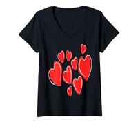 Mujer Lindos Corazones Dibujado A Mano Rojo Profundo Doodle Camiseta Cuello V