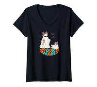 Mujer Lindos Fantasmas paseando a su Perro Fantasma Camiseta Cuello V