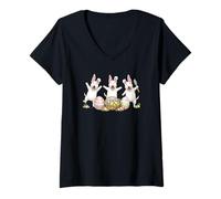 Mujer Lindos Huevos de Pascua Bull Terrier con Orejas de Conejo Kawaii Bailando Camiseta Cuello V
