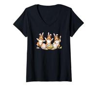 Mujer Lindos Huevos de Pascua Collie con Orejas de Conejo Kawaii Bailando Camiseta Cuello V