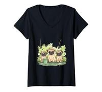 Mujer Lindos perros carlino pesca estanque lago peces divertidos pescadores cachorros Camiseta Cuello V