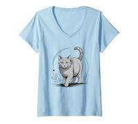 Mujer Line Art Russian Blue Cat Minimalist Russian Blues Maltese Camiseta Cuello V