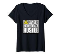 Mujer Lineman Danger High Voltage Hustle Electrical Work Camiseta Cuello V
