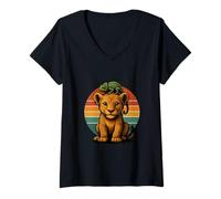 Mujer Lion Cub Camaleón Retro Animal Amigos Safari Vida Silvestre Camiseta Cuello V
