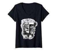 Mujer Lion of Judah and Jesus Prayer Christian T-Shirt Camiseta Cuello V