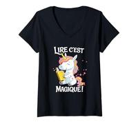 Mujer Lire C EST Magique Licorne Lecture Enfants Francais Camiseta Cuello V
