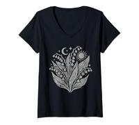 Mujer Lirio del Valle Flor Silvestre Celestial Luna Bruja Sol Camiseta Cuello V