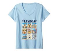 Mujer Lisboa Lisboa Portugal Vintage Travel Collage Ciudad Monumentos Camiseta Cuello V