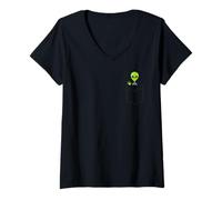 Mujer Little Alien Pocket, ET, Nave Espacial, OVNI del Área 51, UAP, DRON Camiseta Cuello V