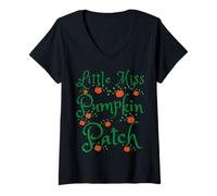 Mujer Little Miss Pumpkin Patch Temporada Halloween Cosecha Diversión para niñas Camiseta Cuello V