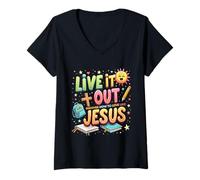 Mujer Live it Out Bible School VBS 2025 Campamento de jóvenes cristianos Camiseta Cuello V
