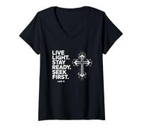 Mujer Live Light Mantente listo y busca el primer mensaje cristiano de Lucas 12 Camiseta Cuello V